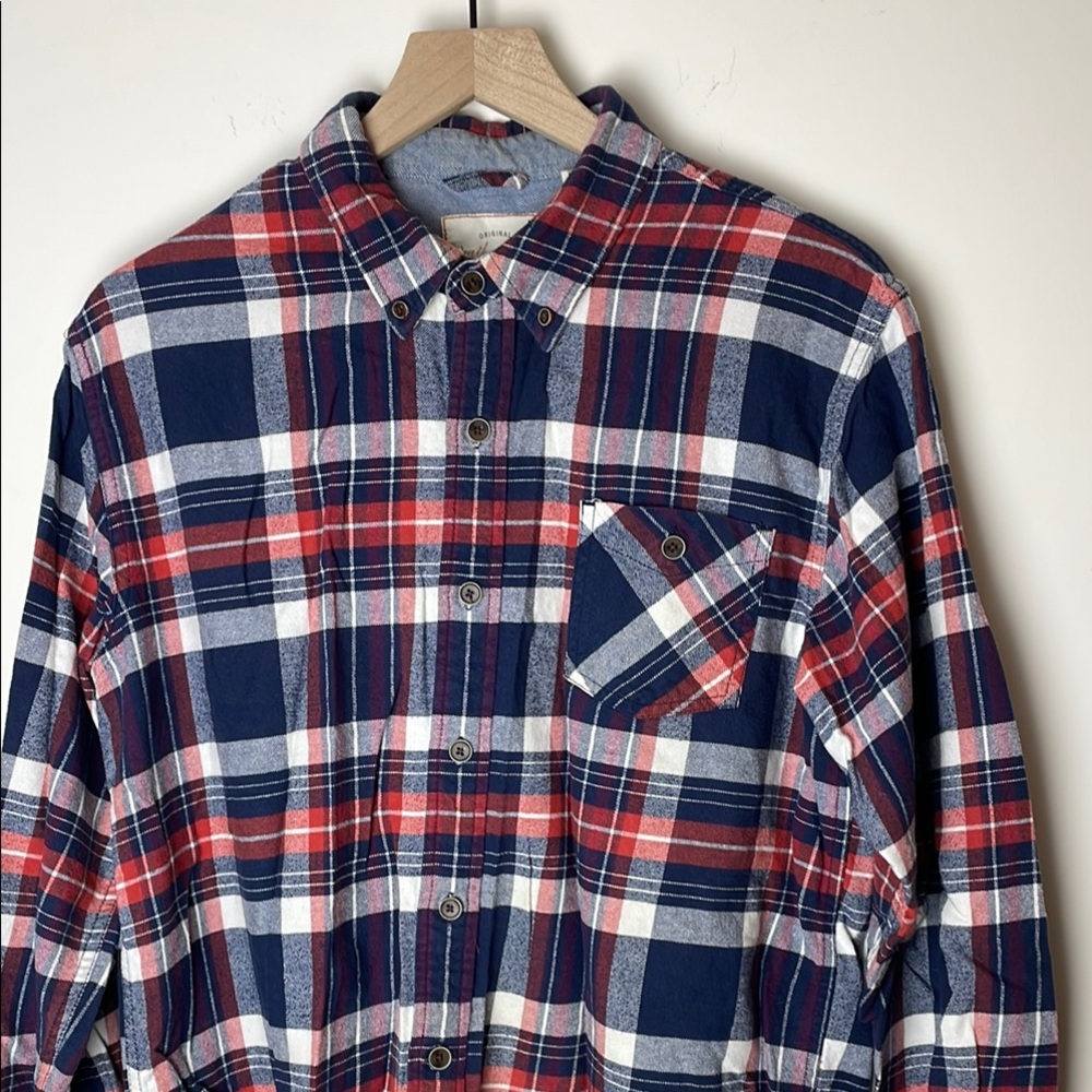 Weatherproof Flannel Button-Up Shirt Red, White, and Blue Plaid Size L
